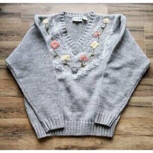 Russ Sweater Womens Large Wool Blend Vintage Floral Embroidered V-neck